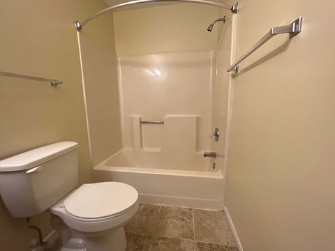 A white toilet is next to a bathtub in a bathroom.