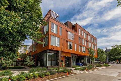 A modern building with a brown facade and large windows.