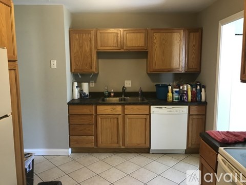 A kitchen with wooden cabinets and a white dishwasher.