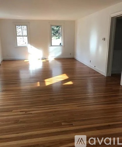 A room with wooden floors and two windows.