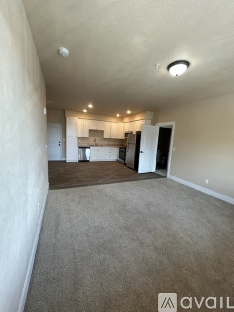 A spacious living room with a kitchen in the background.