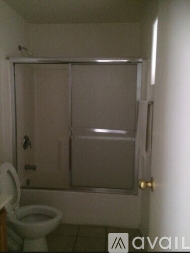A white toilet is in a small bathroom with a walk-in shower.