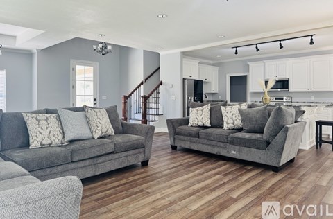 A living room with a grey couch and a kitchen in the background.