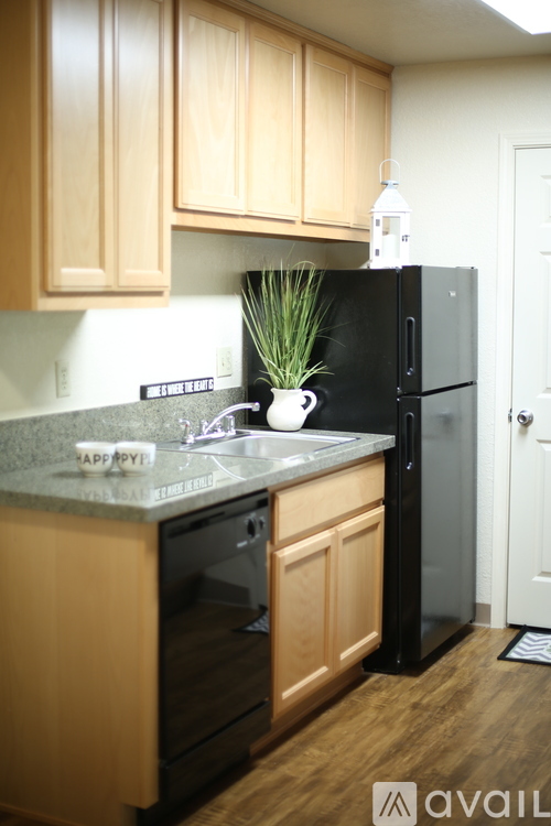 A kitchen with wooden cabinets and a black fridge.