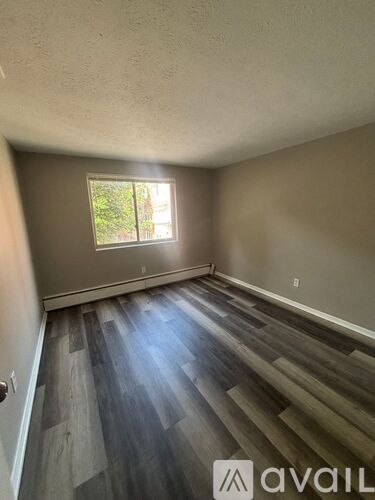A room with wooden flooring and a window letting in sunlight.