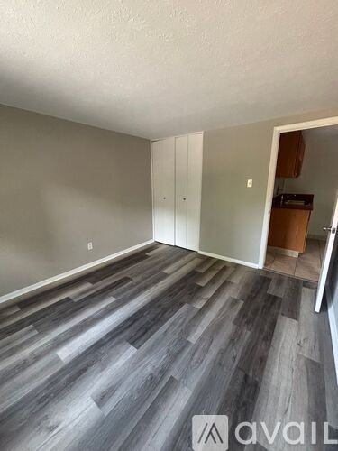 A room with grey wood flooring and a white door.
