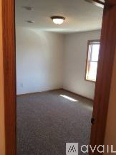 A carpeted room with a door and a window.
