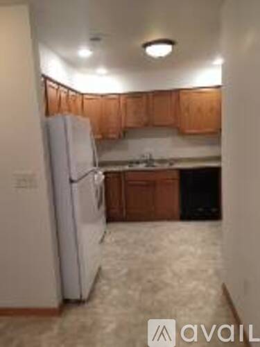 A kitchen with a white refrigerator and wooden cabinets.