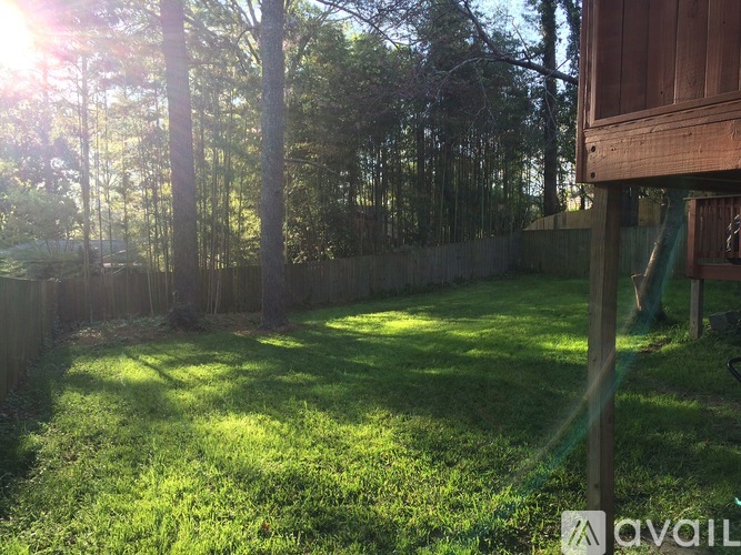 A backyard with a wooden fence and trees.