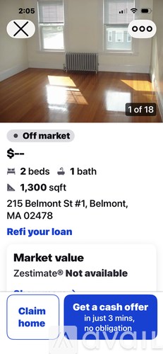 A real estate listing for a 2 bedroom, 1 bathroom apartment at 215 Belmont St #1, Belmont, MA 02478.