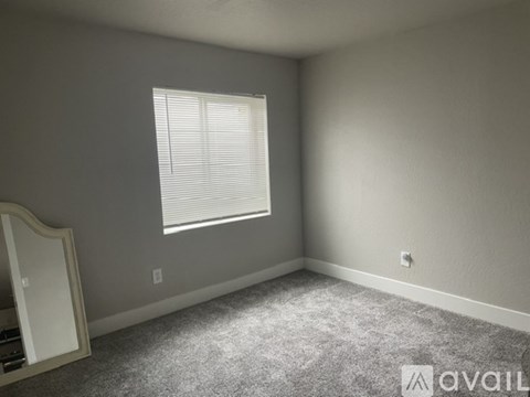 A room with a carpeted floor, a window with blinds, and a mirror on the wall.