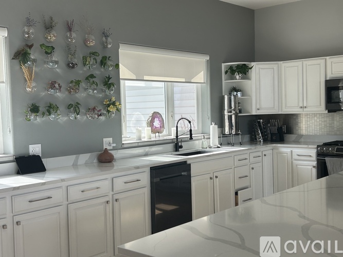 A kitchen with white cabinets and a black dishwasher.