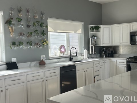 A kitchen with white cabinets and a black dishwasher.