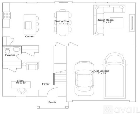 A floor plan of a house with a kitchen, two car garages, a study, a porch, a powder room, a dining room, and a great room.