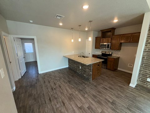 A kitchen with a countertop and cabinets.