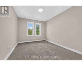 A room with beige walls and carpet flooring with a window showing trees outside.