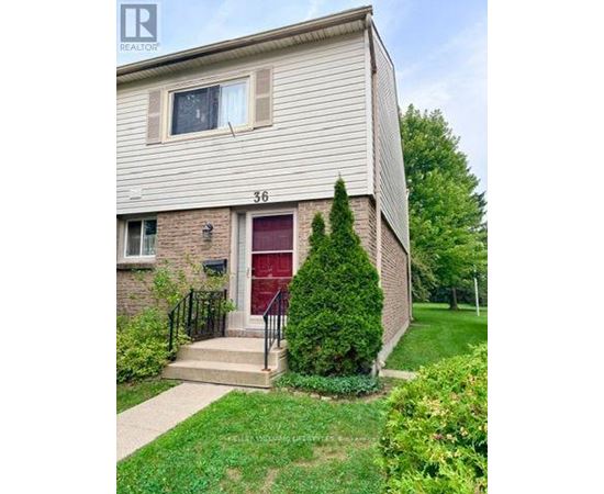A house with the number 36 on it has a red door and a small front yard.