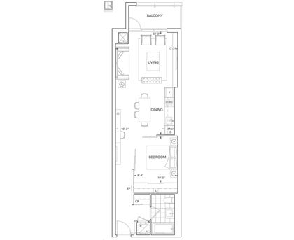A floor plan of an apartment with a living room, dining room, bedroom, and balcony.