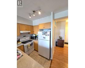 A kitchen with a refrigerator, oven, and microwave.