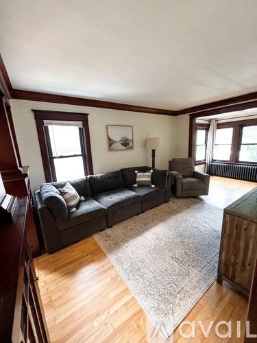 A living room with a grey couch and a rug.