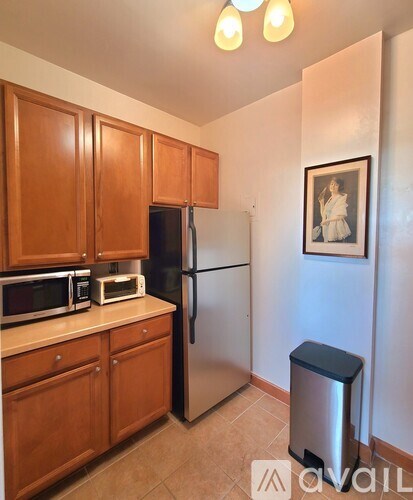 A kitchen with wooden cabinets and a fridge.