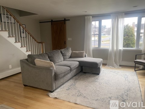 A living room with a grey couch and a rug.