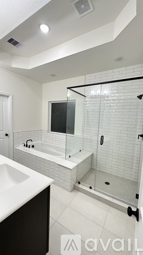 A modern bathroom with a walk-in shower and a white sink.