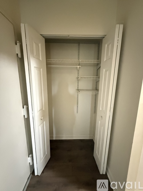 A white door is open to a walk-in closet.