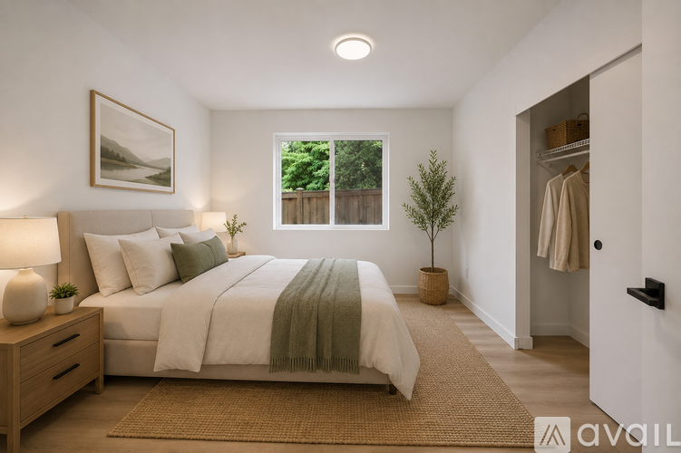 A bedroom with a large bed, a window, and a painting on the wall.