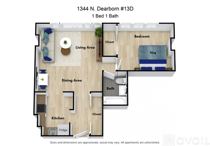A floor plan of a 1 bedroom apartment at 1344 N. Dearborn #13D.
