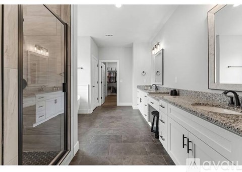 A modern bathroom with a walk-in shower and double sinks.