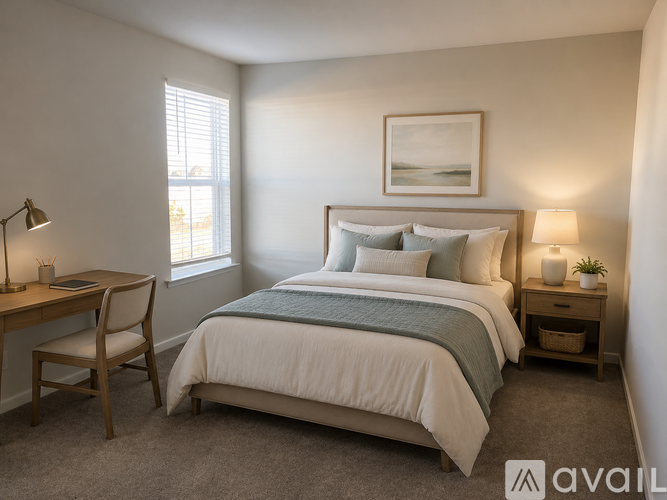 A bedroom with a bed, desk, chair, and window.