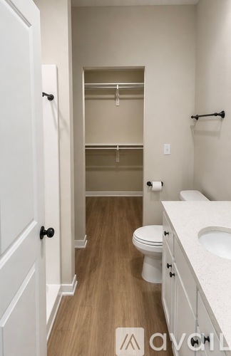 A white bathroom with a toilet, sink and a walk in closet.
