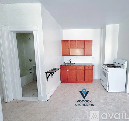 A small apartment with a kitchenette and a shower.