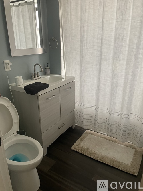 A bathroom with a toilet, sink, and shower curtain.