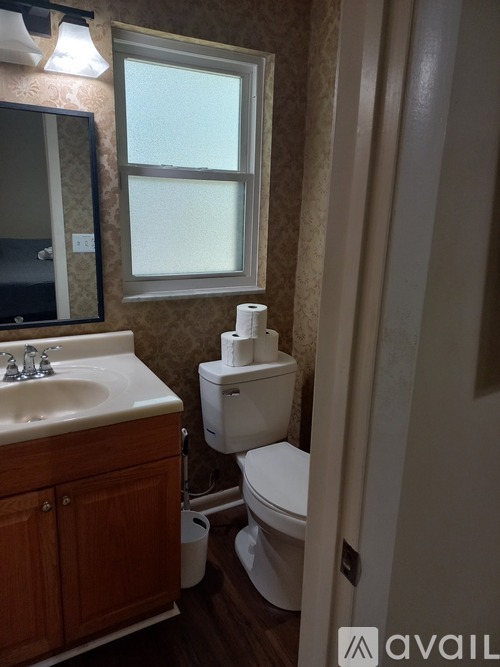 A bathroom with a toilet, sink, mirror, and window.
