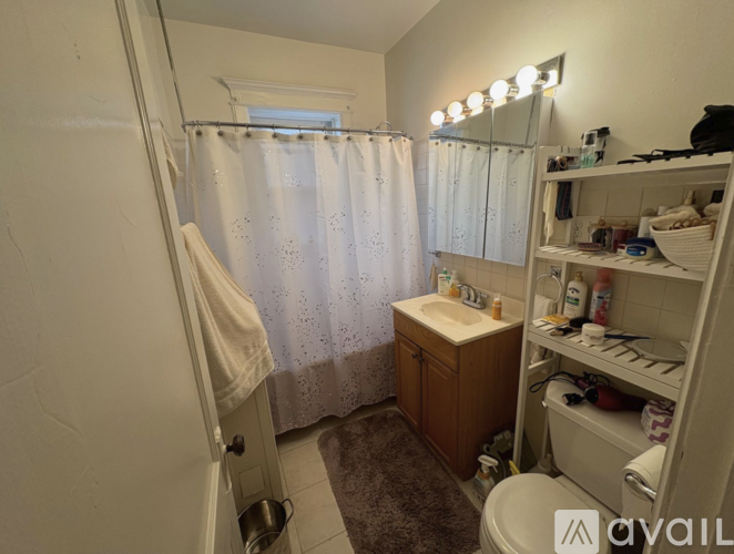 A small, white bathroom with a shower curtain, a toilet, a sink, and a cabinet.