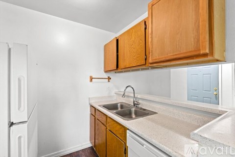A kitchen with a sink and a refrigerator.