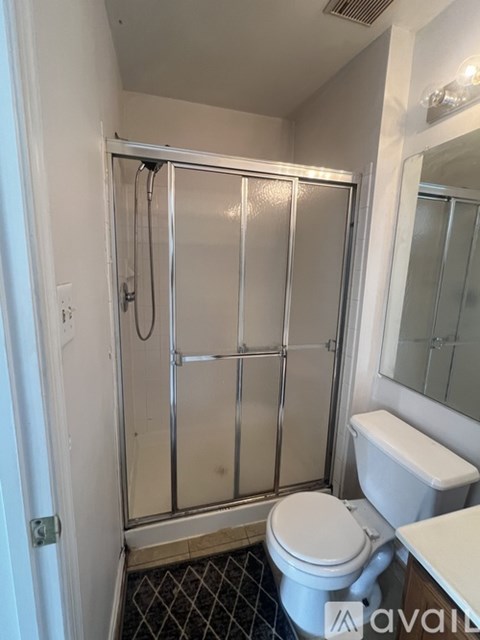 A bathroom with a toilet, sink, and walk-in shower.