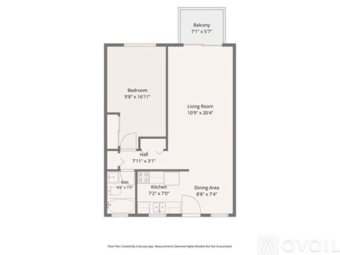 A floor plan for a home with a balcony, bedroom, living room, hall, bathroom, kitchen, and dining area.