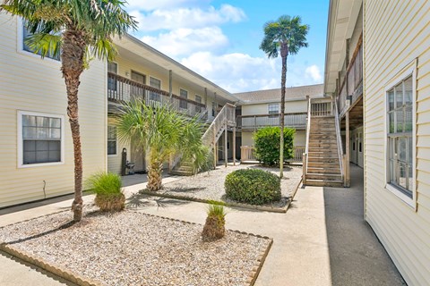 A courtyard with a gravel area and a few plants and trees.