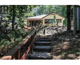 A house is situated in a wooded area with a staircase leading up to it.