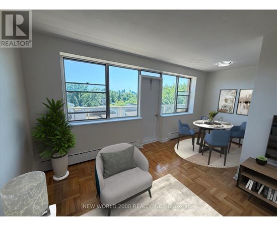 A living room with a view of the city through the windows.