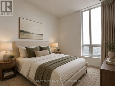 A bedroom with a large bed, a nightstand with a lamp, and a painting on the wall.