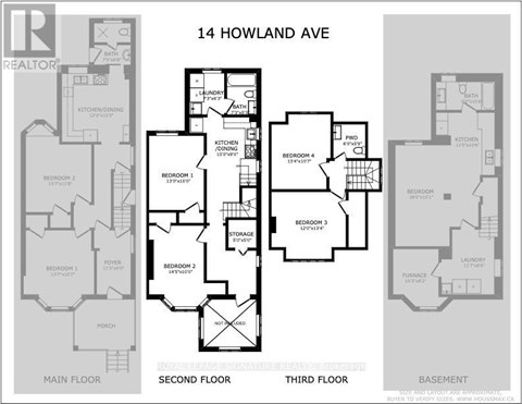 A floor plan for 14 Howland Ave is shown with the main, second, and third floors.