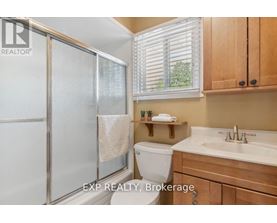A bathroom with a toilet, sink, and frosted glass shower door.
