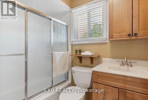 A bathroom with a toilet, sink, and frosted glass shower door.