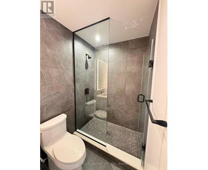 A bathroom with a toilet, a walk-in shower, and a glass door.