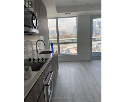 A modern kitchen with a view of the city skyline.