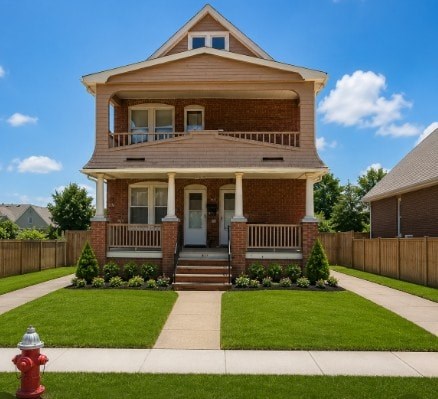 A house with a red fire hydrant in front of it.